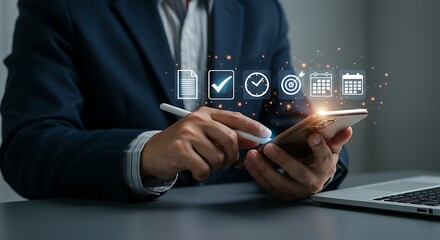 Time Management and Business Productivity Concept,businessperson tapping a smartphone with a stylus,Clock, Calendar, Goal Setting, Checklist, and Task Planning for Efficient Work, Meeting.