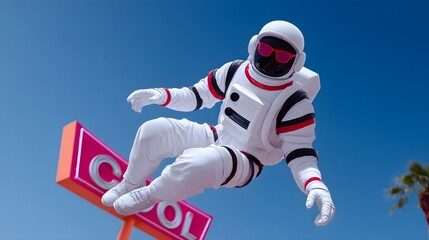 Astronaut floating in space above tropical landscape