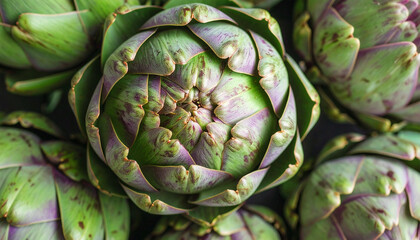 Obraz premium the image features a cluster of globe shaped produce, closely packed together. the main subject is a large specimen positioned centrally, dominating the view with its intricate leaf structure