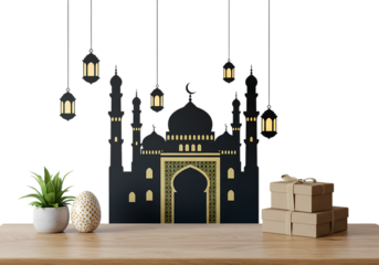 Mosque Silhouette with Festive Lanterns and Gifts A Ramadan Decor Scene isolated on transparent background