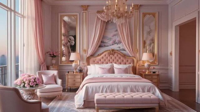 Luxury bedroom interior design with elegant furniture, soft pink color scheme, sunrise light through the window. Cozy romantic atmosphere with bed, curtains, chandelier, soft lighting, city view. 4k 