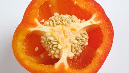 this is a close up shot of a vegetable that has been sliced in half. the vegetable has a deep reddish orange hue with a thick outer wall and a bright interior