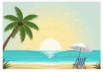 Fototapeta premium Serene tropical beach scene at sunset with a palm tree lounge chair and umbrella overlooking the ocean waves