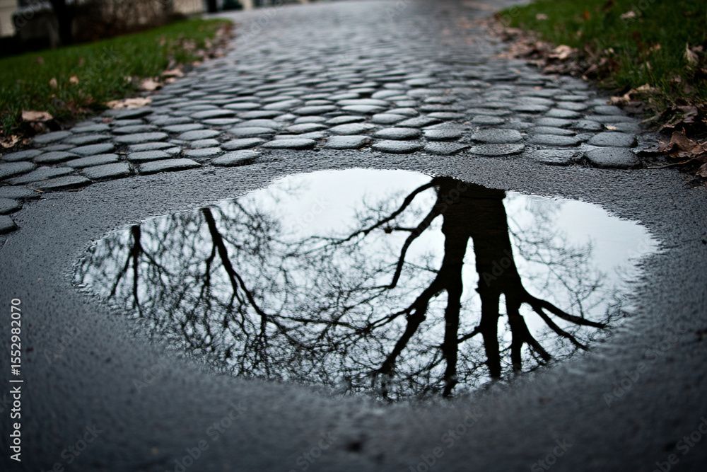 Poster reflections of trees in puddles along cobblestone path