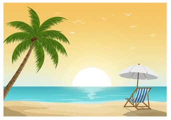 Fototapeta premium Serene tropical beach scene at sunset with a palm tree empty lounge chair and white umbrella overlooking the ocean with flying seagulls