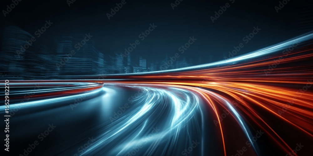 Poster dynamic cityscape with motion trails highlighting futuristic speed and advancements in technology.