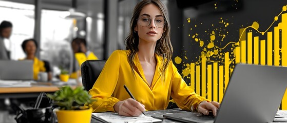 Office worker analyzing data, graphs in background