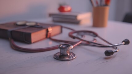 Close-Up of a Stethoscope on a Wooden Desk in a Healthcare Workspace