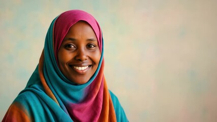 Portrait of a Somali Muslim woman in a colorful hijab, looking into the camera, pastel background. Copy space. - Powered by Adobe