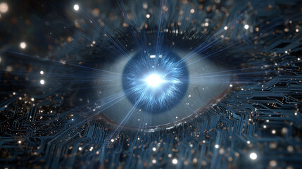 A detailed close-up of an eye with a bright light at the center, surrounded by digital circuit patterns, suggesting a fusion of human vision and technology.
