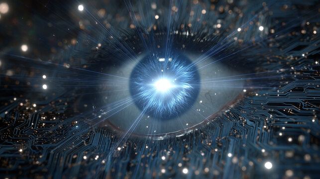 A detailed close-up of an eye with a bright light at the center, surrounded by digital circuit patterns, suggesting a fusion of human vision and technology.