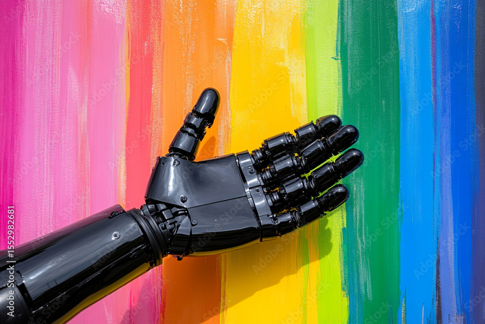 Poster robotic hand creating vibrant abstract art on a colorful canvas