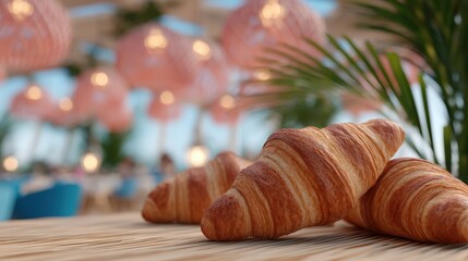 Cozy Cafe Setting with Freshly Baked Croissants on a Wooden Table