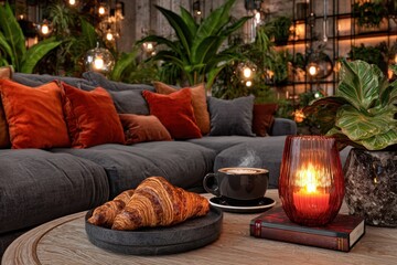 Cozy Indoor Space with Gray Sofa, Croissant, and Glowing Candle