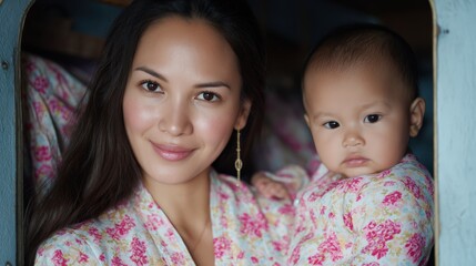 Candid Portrait of Thai Mother Holding Baby in Matching Floral