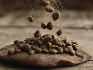 Pet Food Pellets Falling Gracefully onto a Wooden Surface