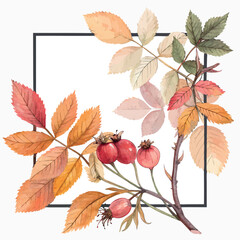 Autumn Rosehip Branch With Red Berries and Colorful Falling Leaves