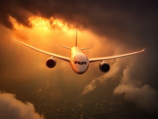 Sleek Airplane Soaring Through Illuminated Clouds at Sunset