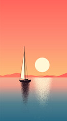 Yacht with a sail on the background of a sea sunset. Vector illustration. Sketch for creativity.