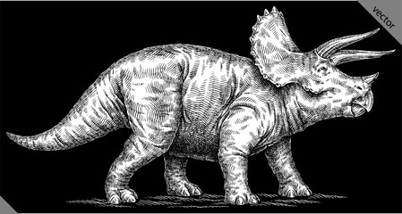 Vintage engraving isolated Triceratops set illustration reptile ink sketch. Dinosaur background silhouette Jurassic art. Black and white hand drawn vector image © Turaev