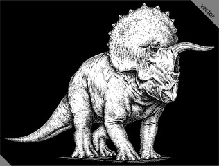 Vintage engraving isolated Triceratops set illustration reptile ink sketch. Dinosaur background silhouette Jurassic art. Black and white hand drawn vector image © Turaev