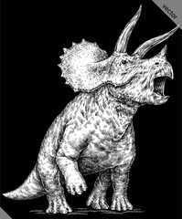 Vintage engraving isolated Triceratops set illustration reptile ink sketch. Dinosaur background silhouette Jurassic art. Black and white hand drawn vector image © Turaev