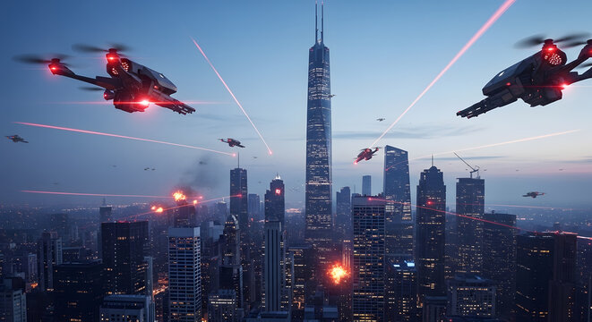 Futuristic combat drones firing lasers over a city skyline at dusk