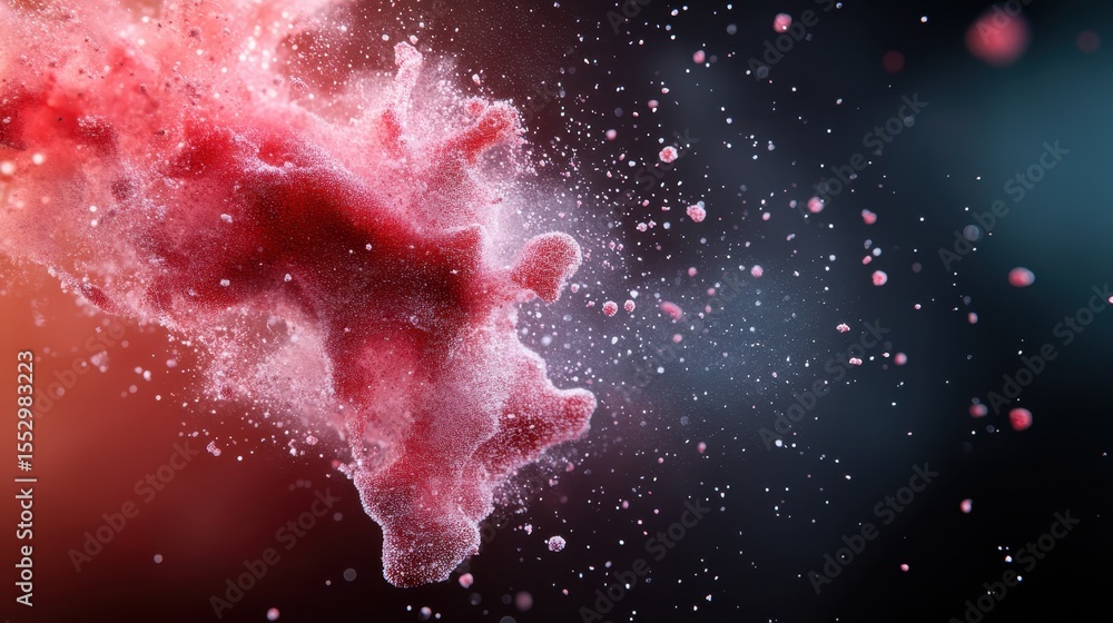 Poster an intense abstract depiction of a red cloud of particles, showcasing dynamic motion and energy, evo