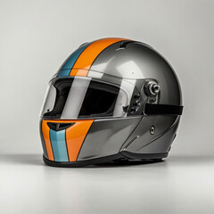 Ai generated image of gray racing helmet with orange and blue stripes