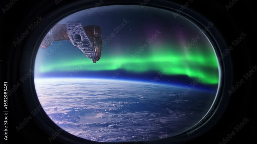 Poster breathtaking view of earth with vibrant auroras from a spacecraft window in outer space