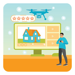 Real Estate Video Tour. Drone Operator Reviewing Real Estate Property Footage on Digital Display.
