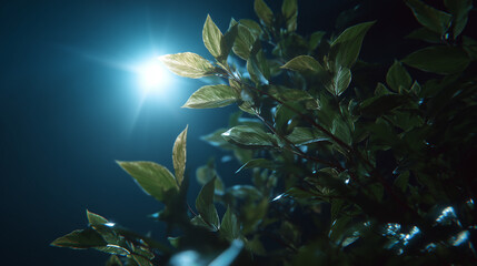 Leaves are illuminated by a bright, bluish light from the top left, casting gentle shadows and creating a contrast between light and dark, against a deep blue background.