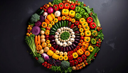 Fototapeta premium a vibrant array of produce is arranged in a spiral pattern against a dark background. the arrangement features layers of various vegetables, including peppers, small tomatoes, and root vegetables