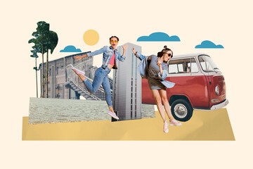 Trend composite sketch template 3D photo collage of two young lady excited jump car travel voyage...