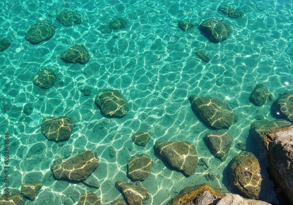 Poster rocks visible under rippling turquoise water creating light patterns on the seabed