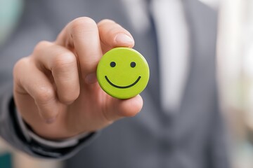 High quality photo of businessman holding a smiley face icon in hand, close-up view of a happy, positive customer experience, with a green color and blurred background, high detail.