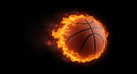 Fototapeta premium A vibrant basketball ablaze with fiery flames and dynamic sparks, set against a dark background, symbolizing power and speed in sports.