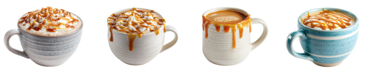 Assorted Coffee Cups with Caramel Topping and Cream, Gourmet Drink PNG set, transparent background