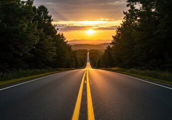 Road through trees leads to distant mountains during sunset, creating a sense of journey