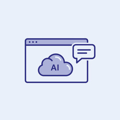 Fototapeta premium A periwinkle blue line art illustration depicting a cloud with A I lettering inside a web browser window accompanied by a speech bubble suggesting artificial intelligence communication or