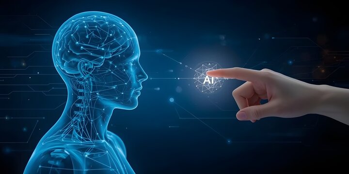 Human ai connection. Futuristic digital fusion of mind and machine