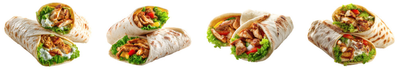 Exquisite Chicken Shawarma Wrap with Fresh Vegetables, a Delicious Meal PNG set with transparent background