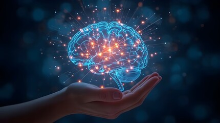 Glowing neural brain in hand. Symbol of intelligence, innovation, and thought power