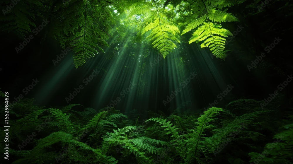 Poster a captivating view of sunlight streaming through a dense canopy, illuminating vibrant ferns and crea