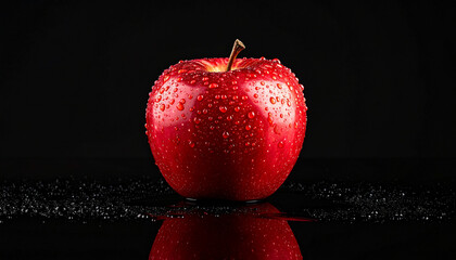 a vibrant red fruit takes center stage against a stark black background. the fruit is covered in glistening droplets, giving it a fresh and appealing appearance