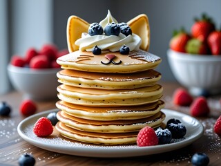 Cute cat pancake stack with berries and cream. Adorable breakfast food art