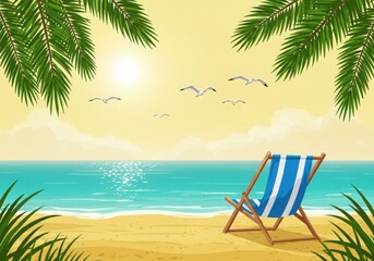 Obraz premium Relaxing beach scene with a striped deck chair under palm trees with seagulls flying over the ocean at sunset