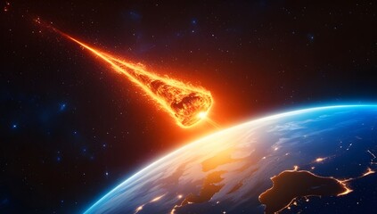Meteor impact on earth at sunrise. Cosmic collision over city lights