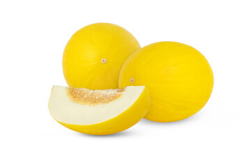 Two yellow ripe melons and a slice isolated. Canary melon and a cut in slice isolated.