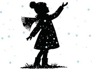 Silhouette of child catching snowflakes vector style on white background